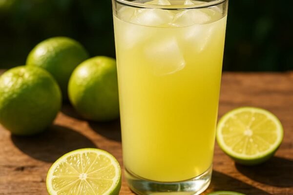Tall glass of sweet lime juice with ice, surrounded by whole and sliced limes on a rustic wooden table in natural sunlight.