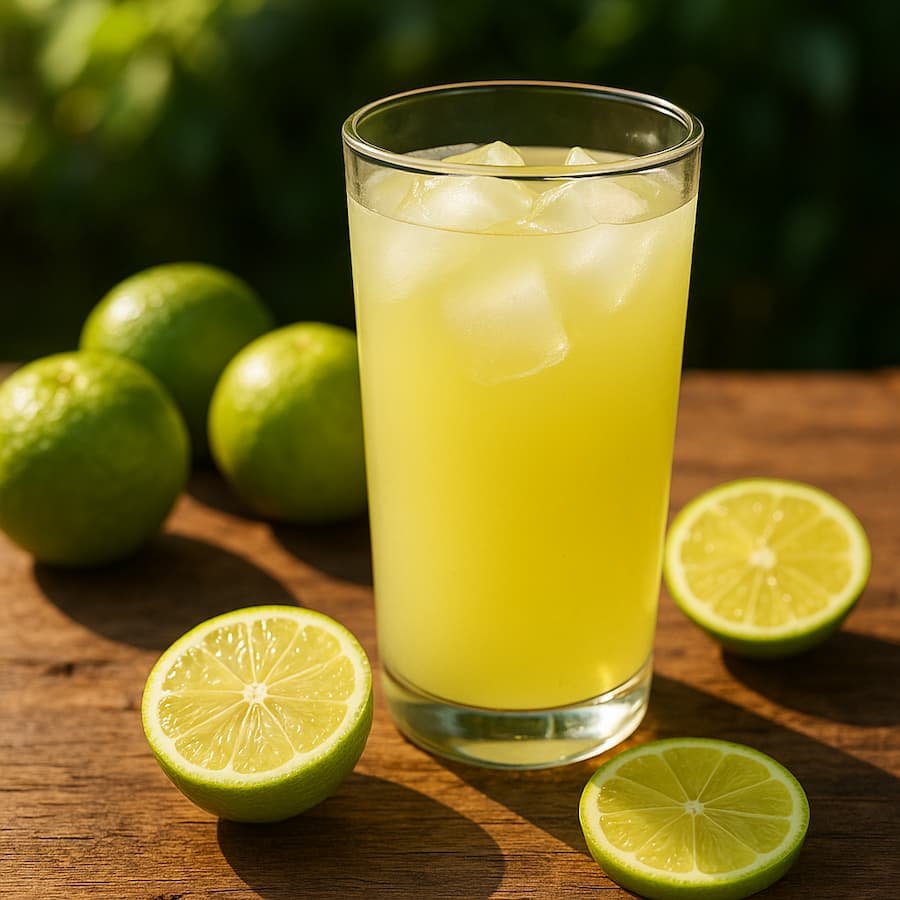 Tall glass of sweet lime juice with ice, surrounded by whole and sliced limes on a rustic wooden table in natural sunlight.