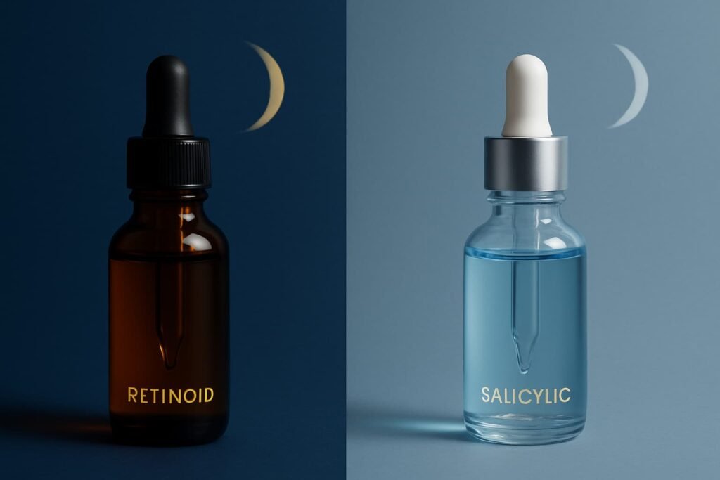 Retinol and salicylic acid night routine concept for oily, acne-prone skin