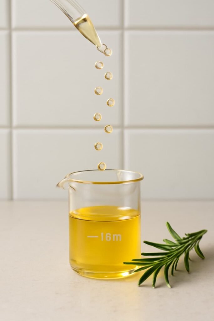 Rosemary Oil Dilution: Beaker of carrier oil with droppers showing 6–9 droplets and a rosemary sprig