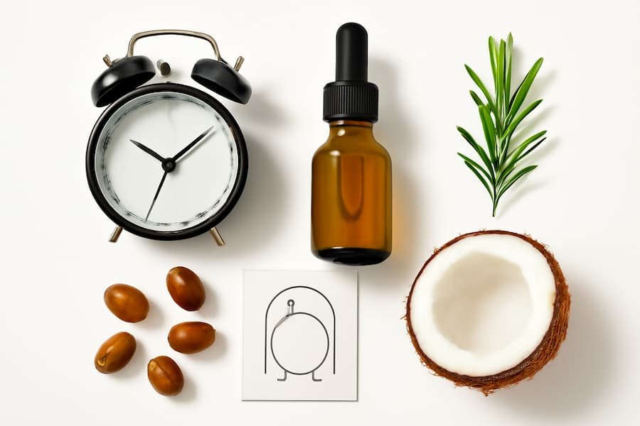Collage of hair‑care icons: clock, dropper, rosemary, coconut, jojoba, hairline