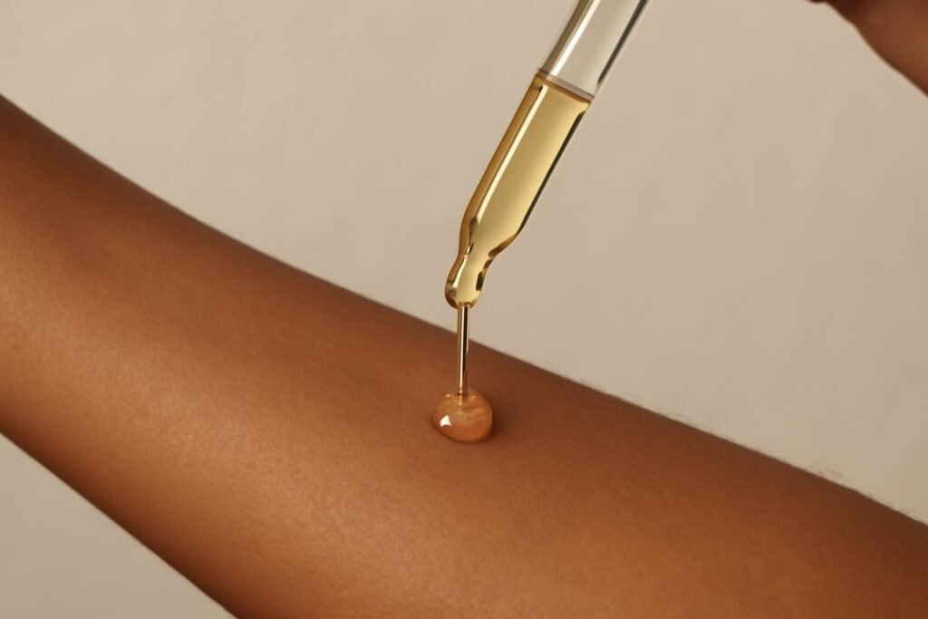 Dropper applying diluted oil to inner forearm for patch test