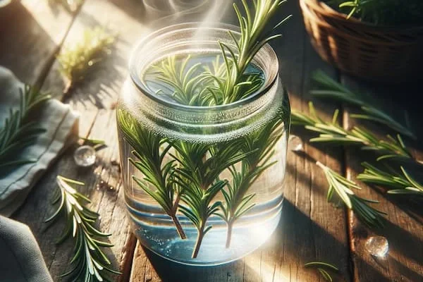 Rosemary Water for Hair Growth: Proven Benefits, DIY & Tips Fresh rosemary sprigs steeping in hot water to make Rosemary Water for Hair Growth infusion
