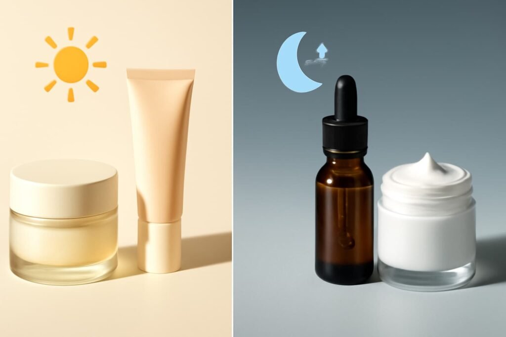 Split layout showing morning SPF routine and night BHA routine