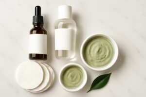Flat lay of salicylic acid skincare bottles, cotton pads, and clay mask on white marble