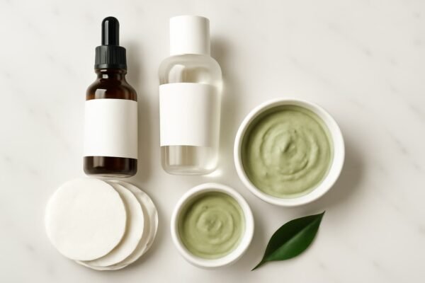 Flat lay of salicylic acid skincare bottles, cotton pads, and clay mask on white marble