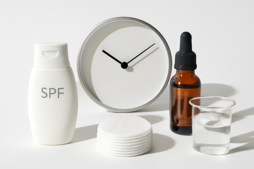 Collage of SPF, clock, dropper, cotton pads, and beaker for skincare FAQs