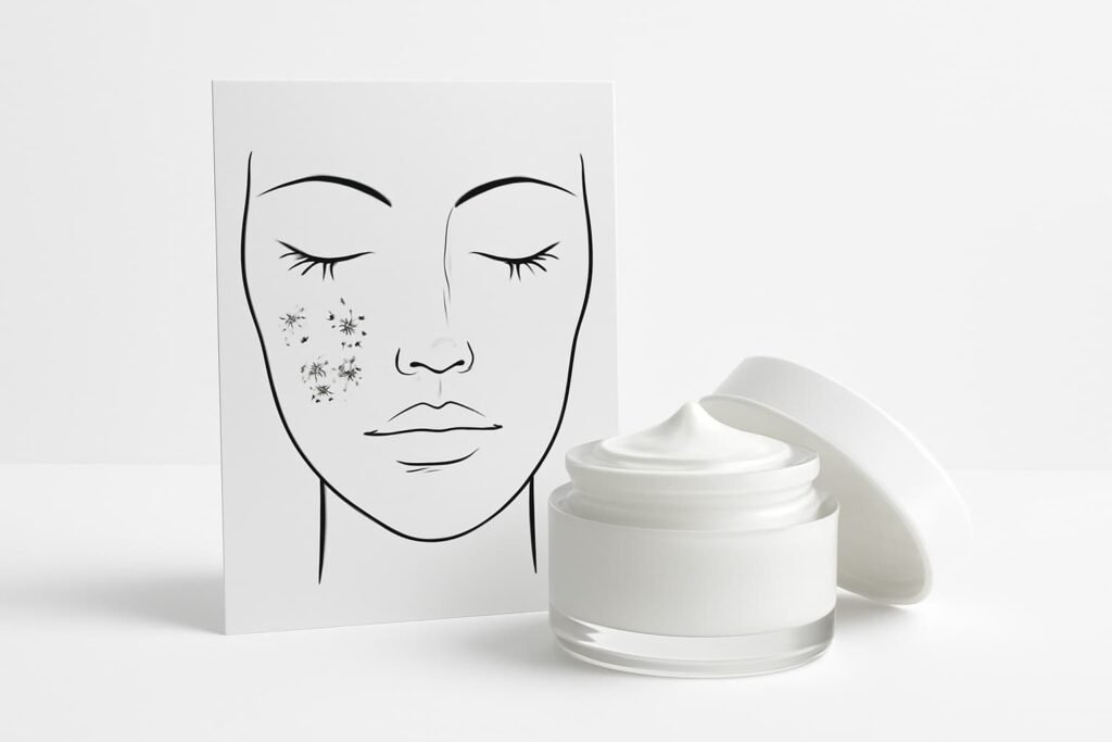 Face chart with mild flaking next to a moisturizer jar