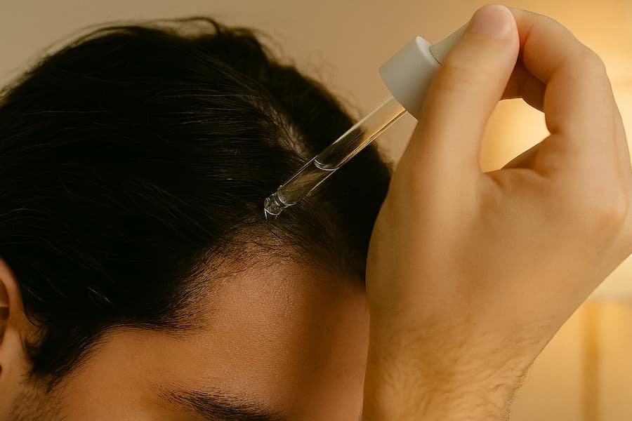 Dropper applying a scalp serum at night