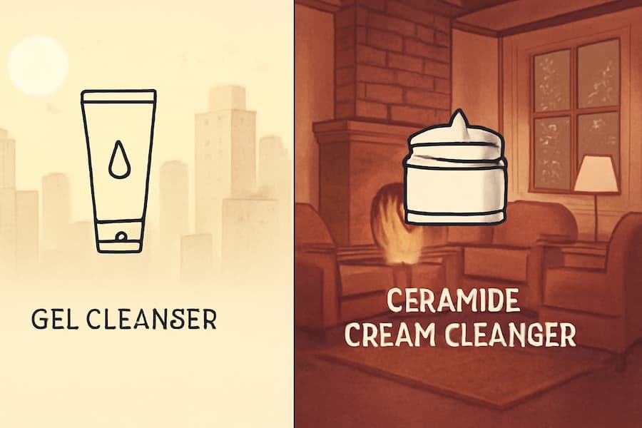 Infographic showing gel cleansers for summer and cream cleansers for winter