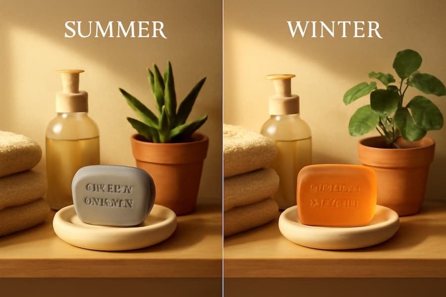 Summer and winter soap choices on a bathroom shelf.