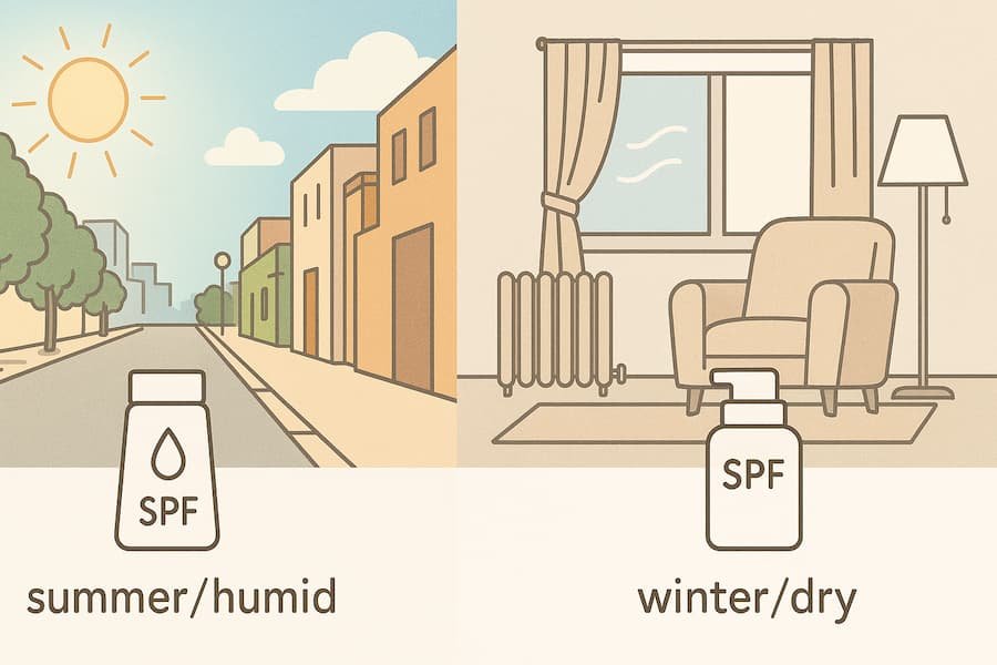 Infographic showing gel SPF for summer and milk SPF for winter