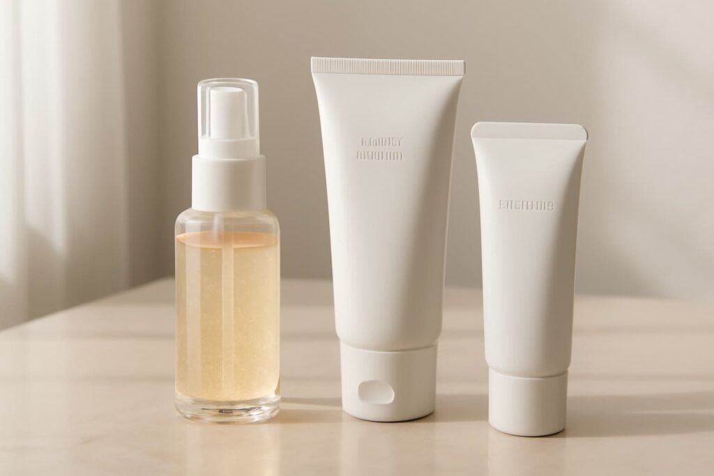 Gel serum, primer, and sunscreen arranged for oily skin makeup routine.
