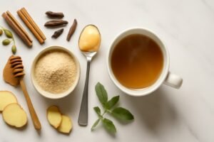Flat lay of sitopaladi churna with honey, ghee, and warm herbal drink on white marble