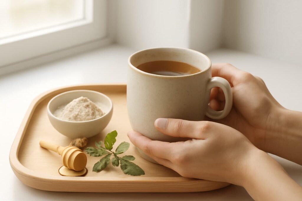 Hands holding a warm herbal mug next to a bowl of sitopaladi churna