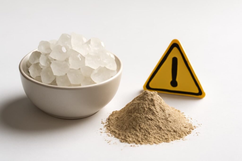 Rock sugar crystals beside sitopaladi powder with a small caution icon