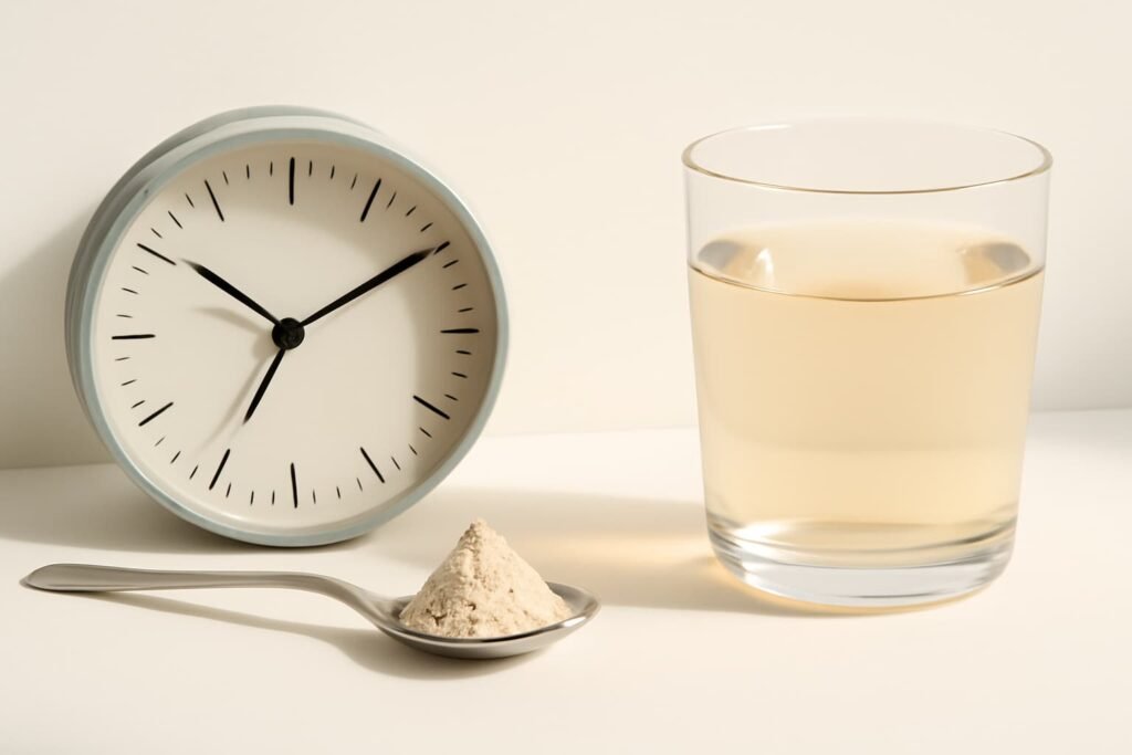 Teaspoon of sitopaladi churna next to a small morning clock and warm water