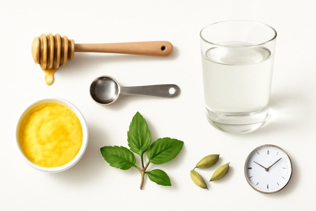 Collage of honey, ghee, warm water, clock, ginger, tulsi, and cardamom