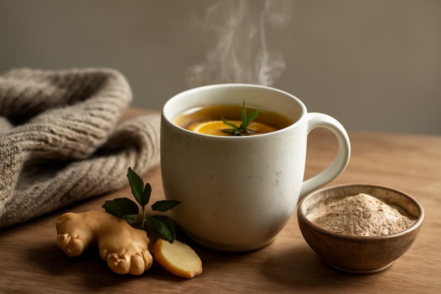 Warm herbal drink with honey, ginger, tulsi beside a bowl of sitopaladi churna