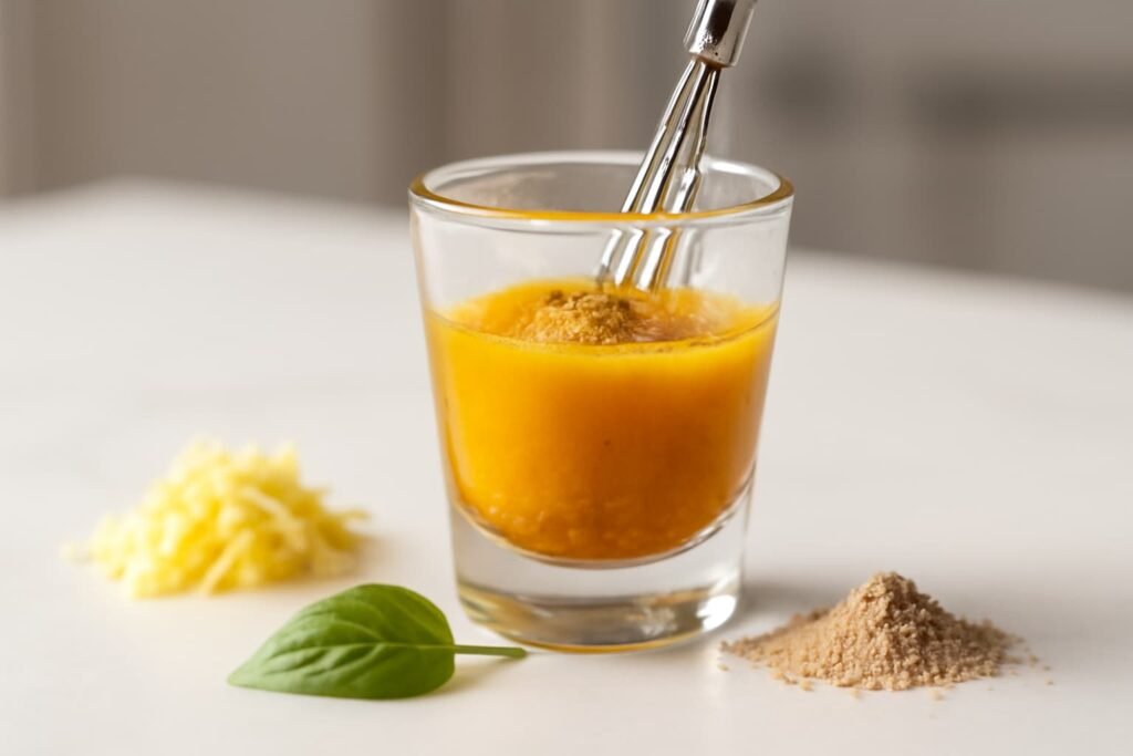 Small immunity shot with honey, ginger, tulsi, and sitopaladi churna