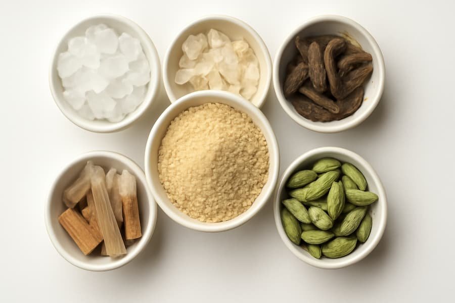 Sitopaladi Churna Ingredients along with sitopaladi powder: Small bowls of rock sugar, bamboo silica, long pepper, cardamom, and cinnamon.