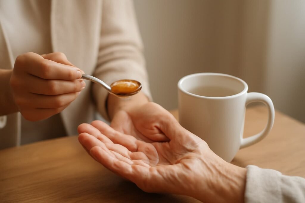 Caregiver hands offering honey mixed with sitopaladi and a warm water mug