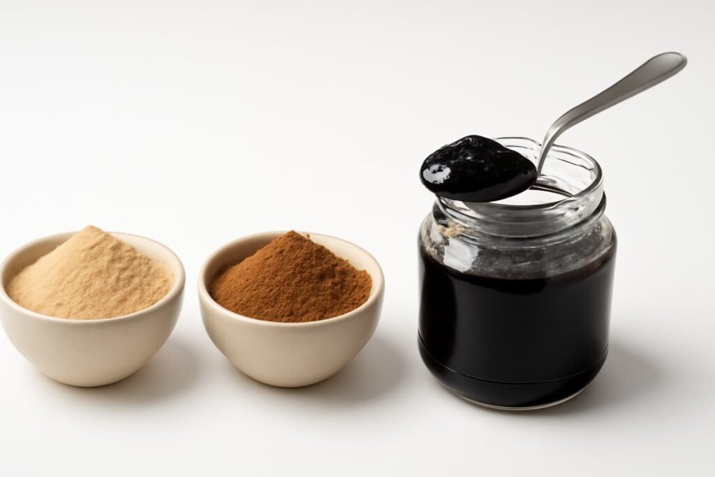 Unlabeled bowls of sitopaladi, talisadi, trikatu, and a jar of chyawanprash