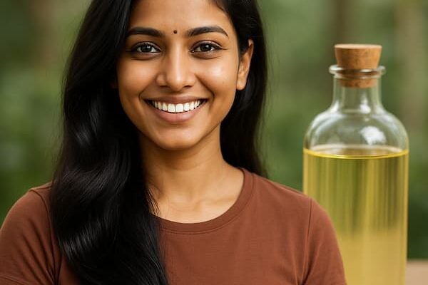 Smiling young woman with long shiny hair beside a glass bottle of cold pressed coconut oil in natural light.