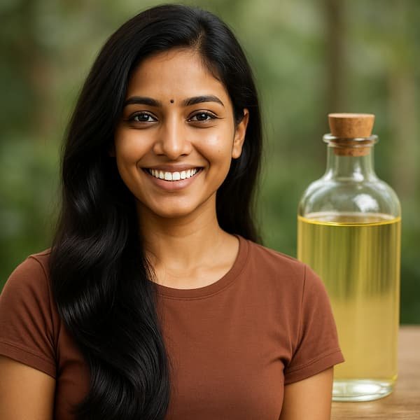 Smiling young woman with long shiny hair beside a glass bottle of cold pressed coconut oil in natural light.