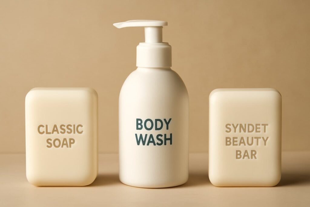 Comparison of a traditional soap bar, body wash, and syndet bar