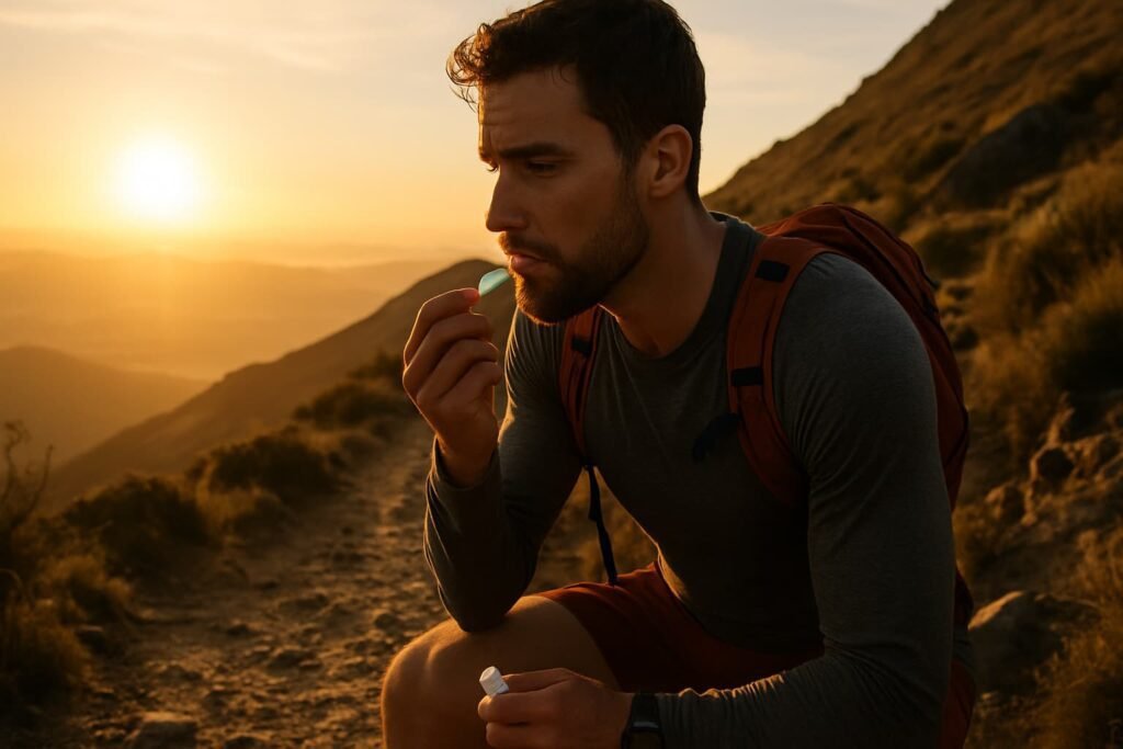Man applying SPF lip balm while trail running outdoors