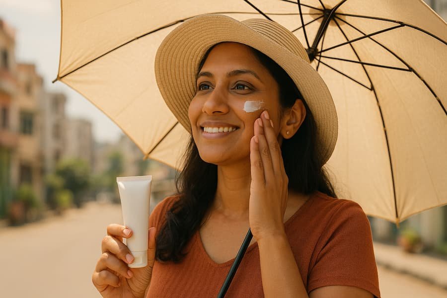 Indian woman applying SPF 50 PA++++ outdoors to prevent hyperpigmentation.