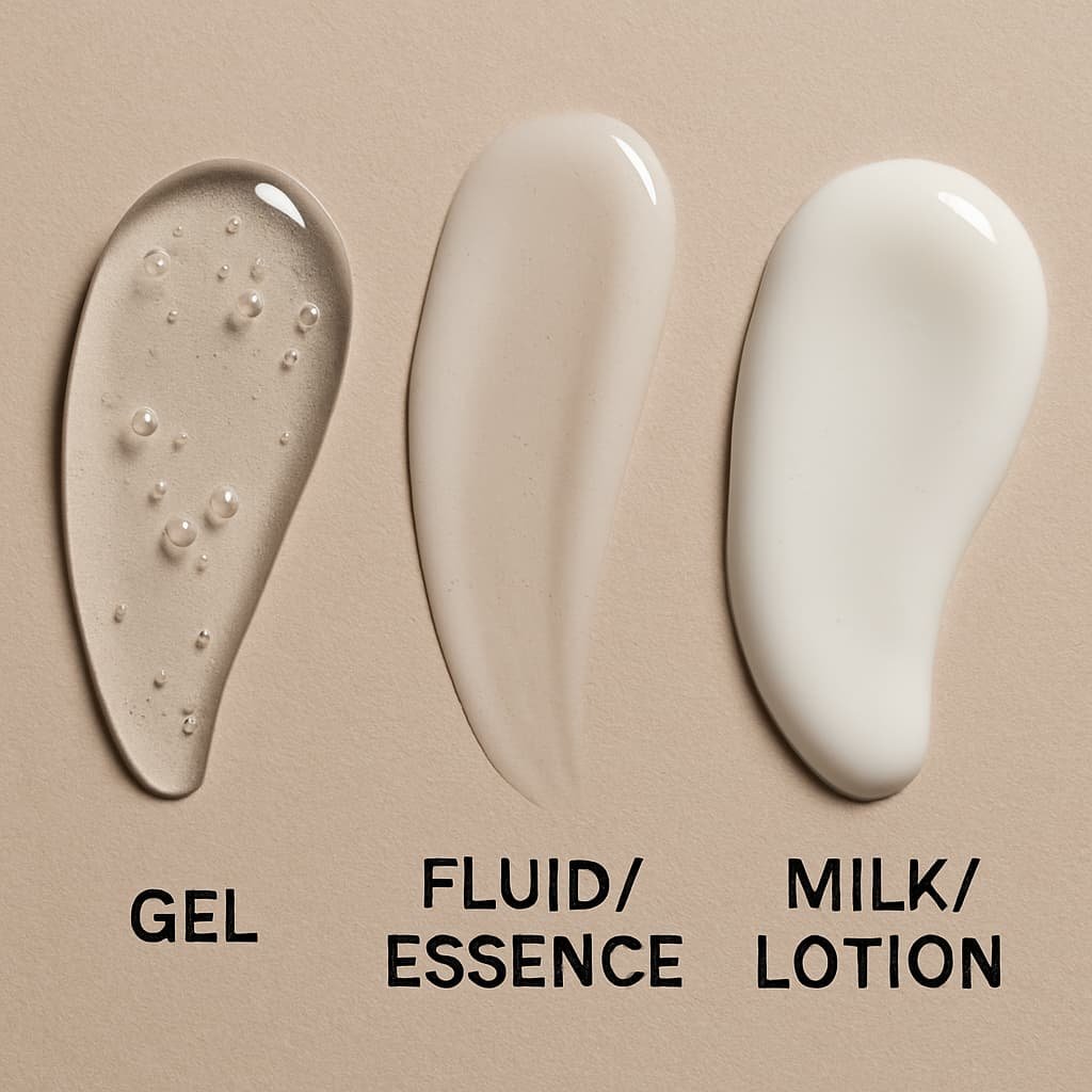Macro swatches of gel, fluid, and milk sunscreen textures