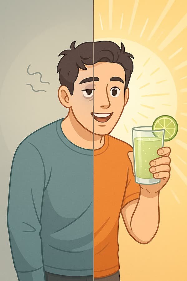 Split-screen illustration showing a tired person on one side and the same person energized after drinking sweet lime juice on the other.