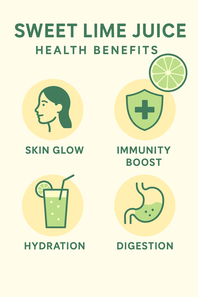 Minimalist infographic showing sweet lime juice benefits for skin glow, immunity, hydration, and digestion.