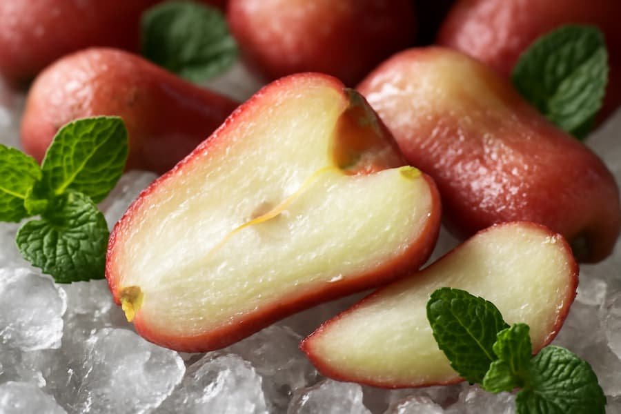 Water Apple Benefits: Dewy water apple slices on ice with mint