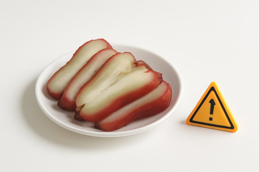 Small serving of water apple with a caution symbol