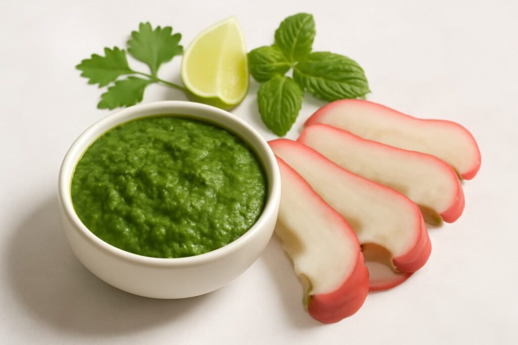 Green chutney made with water apple, herbs, and lime