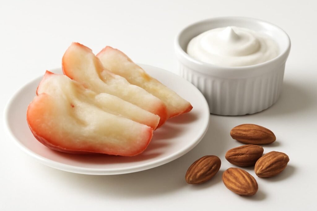 Water apple slices paired with yogurt and almonds
