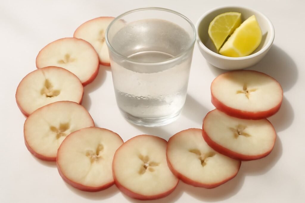 Water Apple Nutrition:: Sliced water apple with a glass of water and citrus wedges