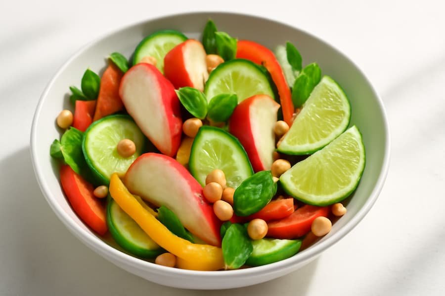 Colorful salad featuring water apple, cucumber, peppers, and peanuts
