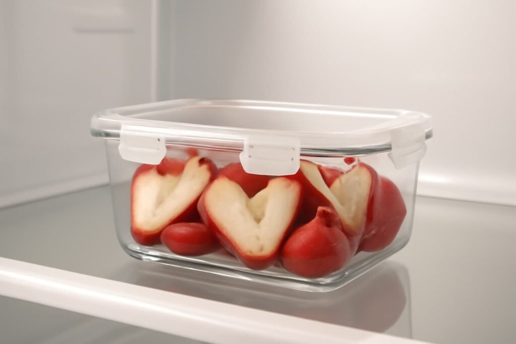 Halved water apples stored in an airtight container in the fridge