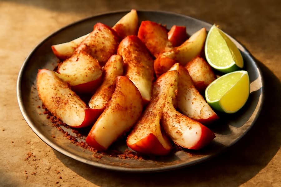 Water apple slices with chili‑salt and lime in a street‑style presentation