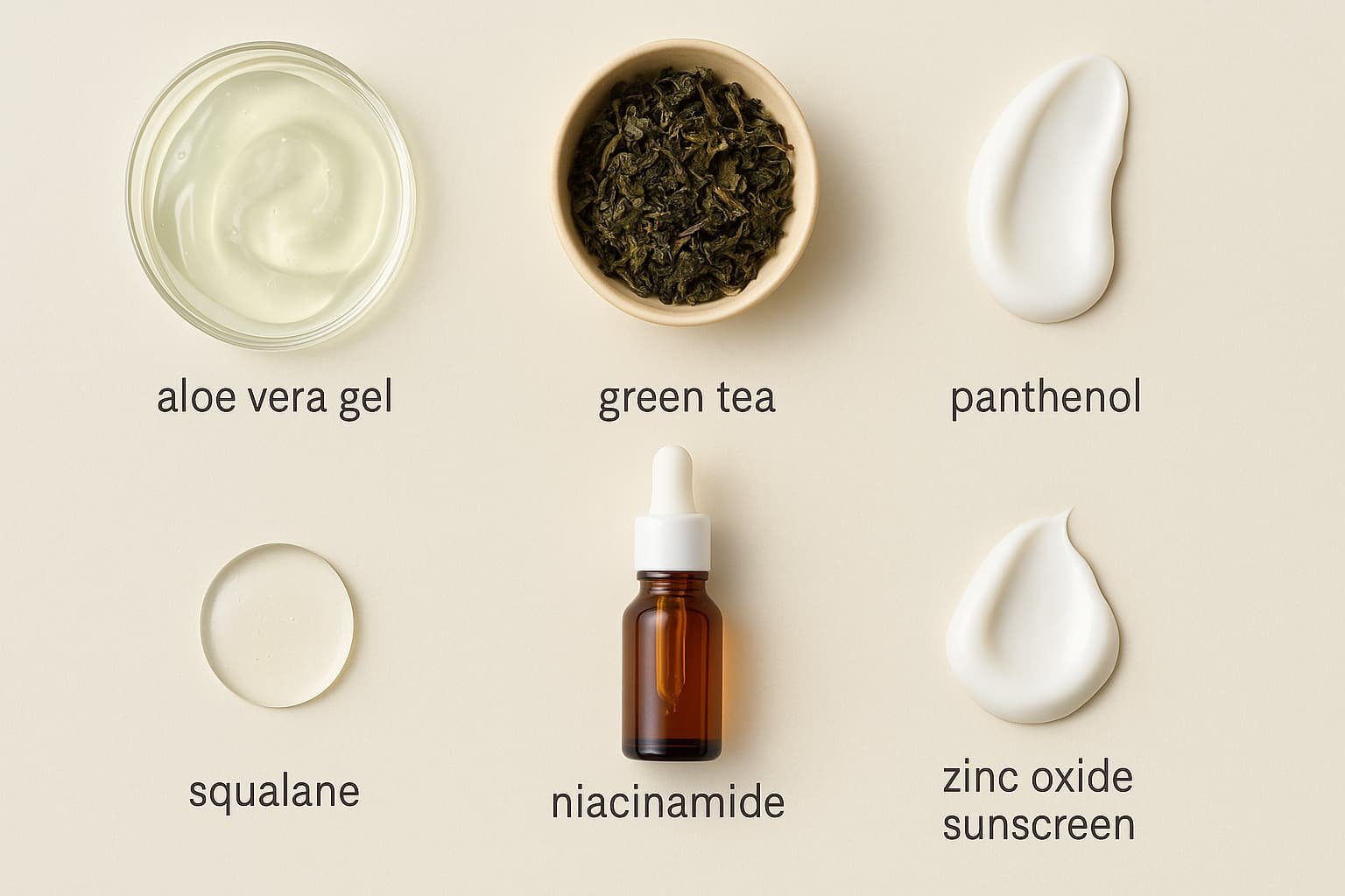 Gentle ingredients—aloe, green tea, niacinamide, panthenol, squalane, mineral SPF