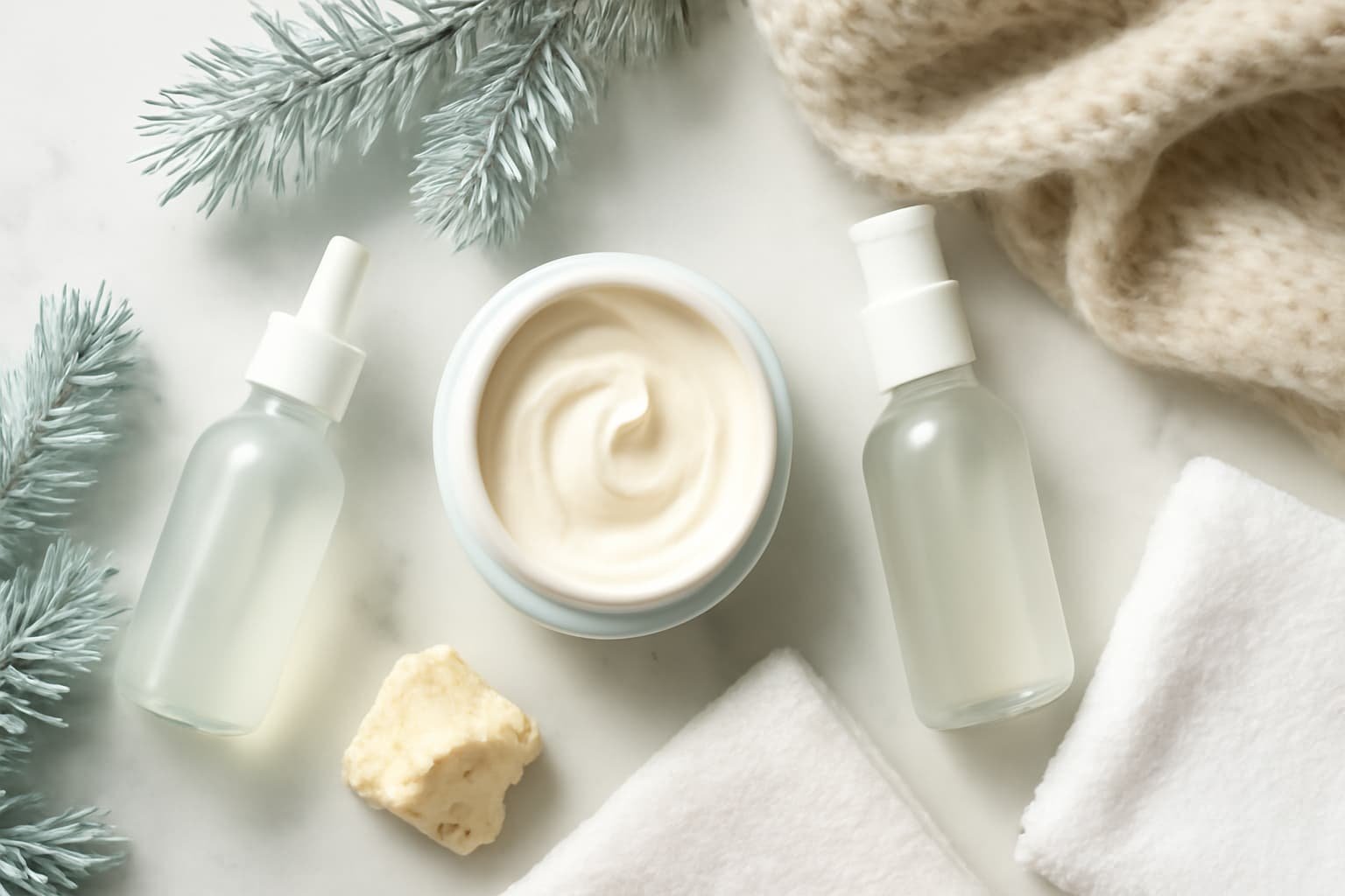 Flat lay of winter cream for dry skin with scarf, pine twig, and hydrating skincare props