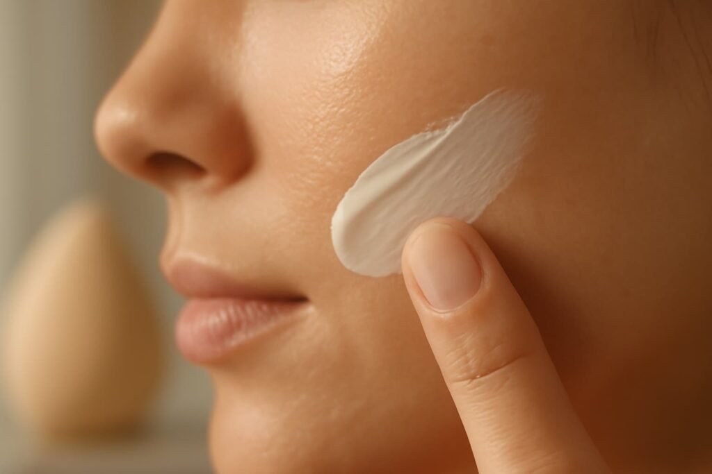 Close-up applying winter moisturizer under makeup for a smooth base