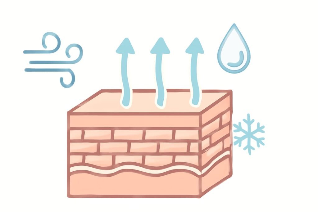Vector diagram of skin barrier with arrows showing water loss in cold, dry air