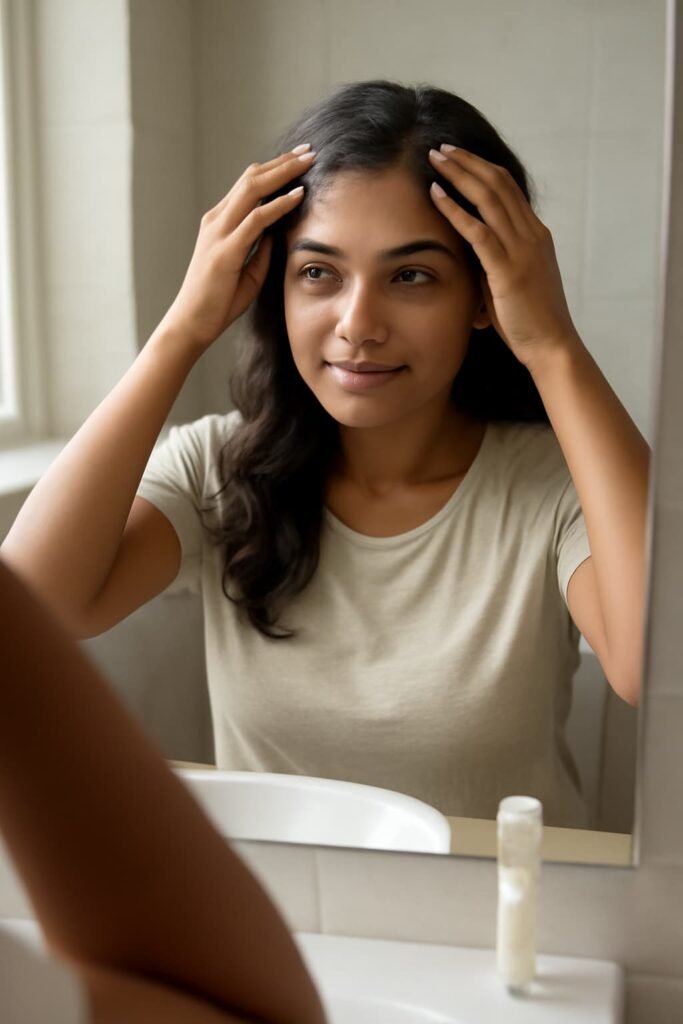 Woman examining thinning hair using natural homeopathic approach