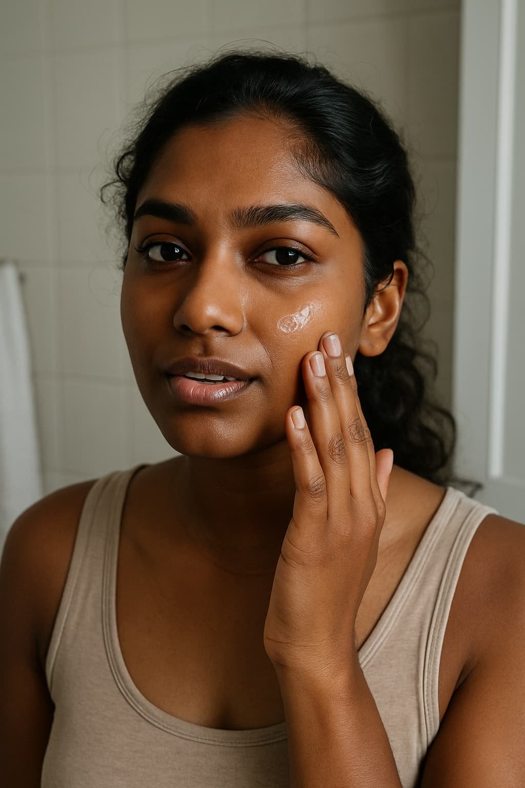 Womman applying a non‑greasy gel night cream for oily skin