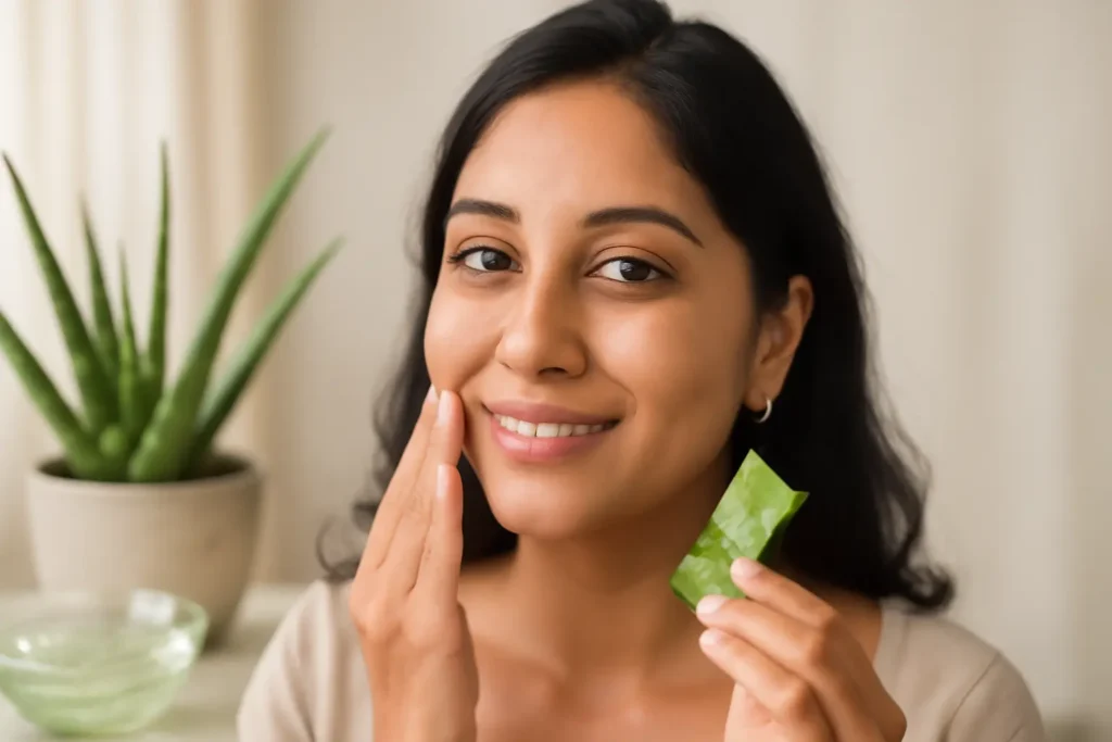 Aloe, the hero of Natural Ingredients for Indian Skin: Woman applying aloe vera gel for soothing skin